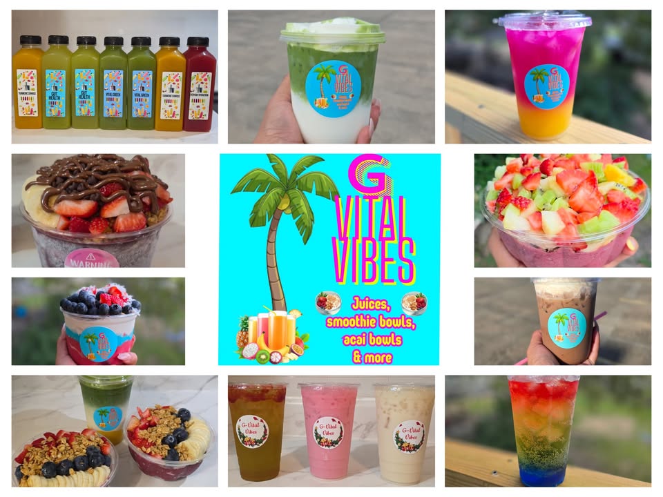 Collage of G-Vital Vibes juices, smoothie bowls and acai bowls