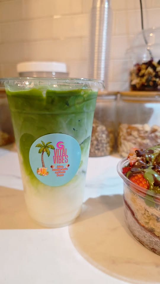 Iced matcha drink with acai bowl