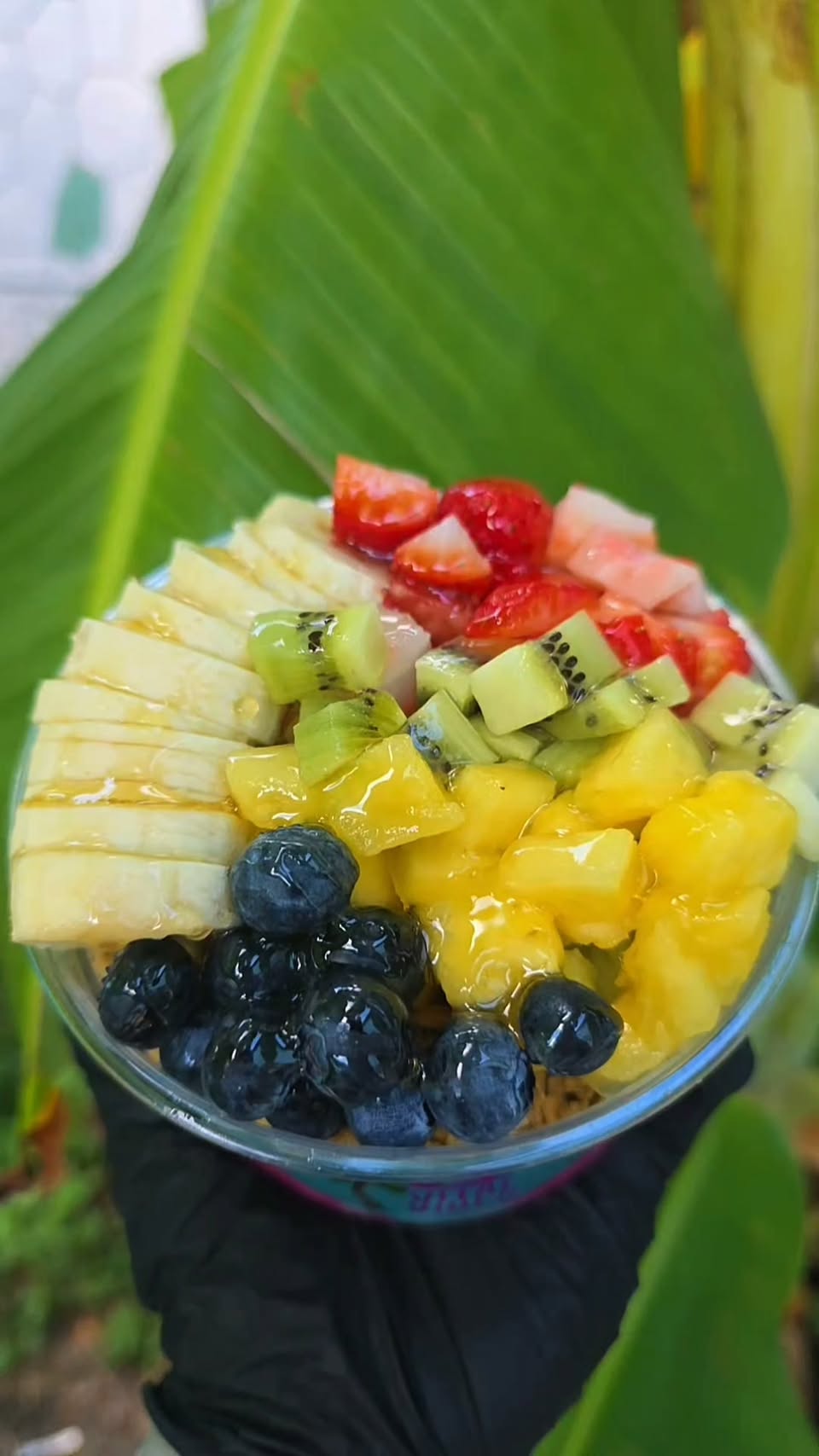 Tropical fruit bowl with mango, kiwi, strawberry and blueberry